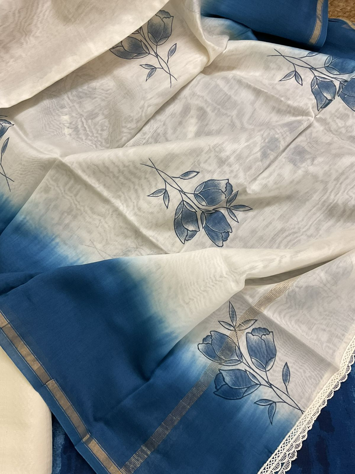 Pure Chanderi Printed Embroidered Suit - Blue