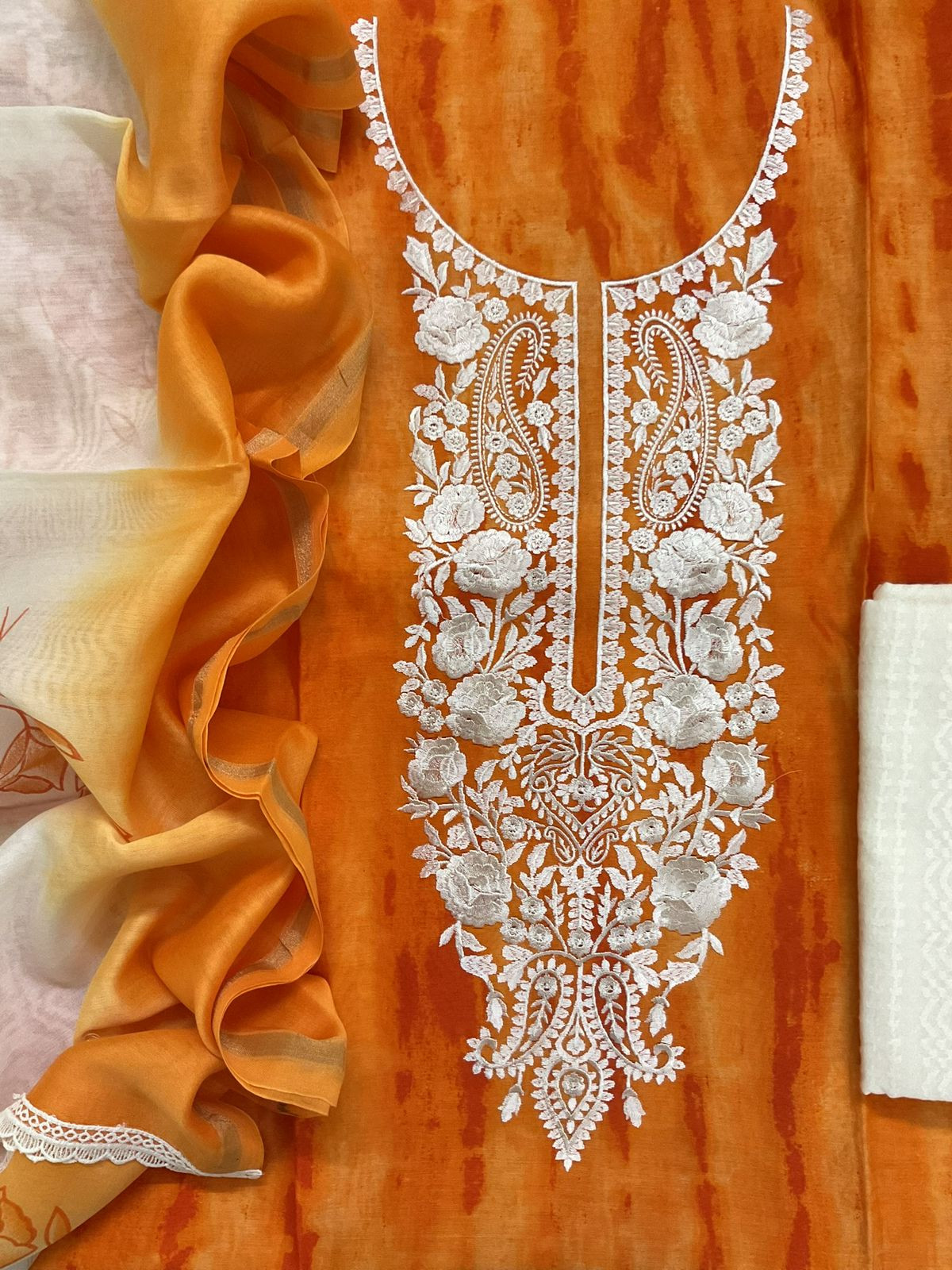 Pure Chanderi Printed Embroidered Suit - Orange