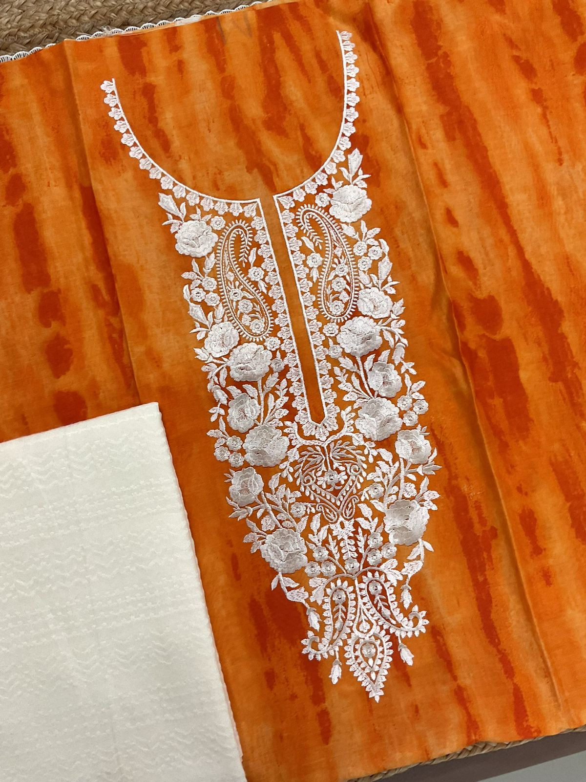 Pure Chanderi Printed Embroidered Suit - Orange