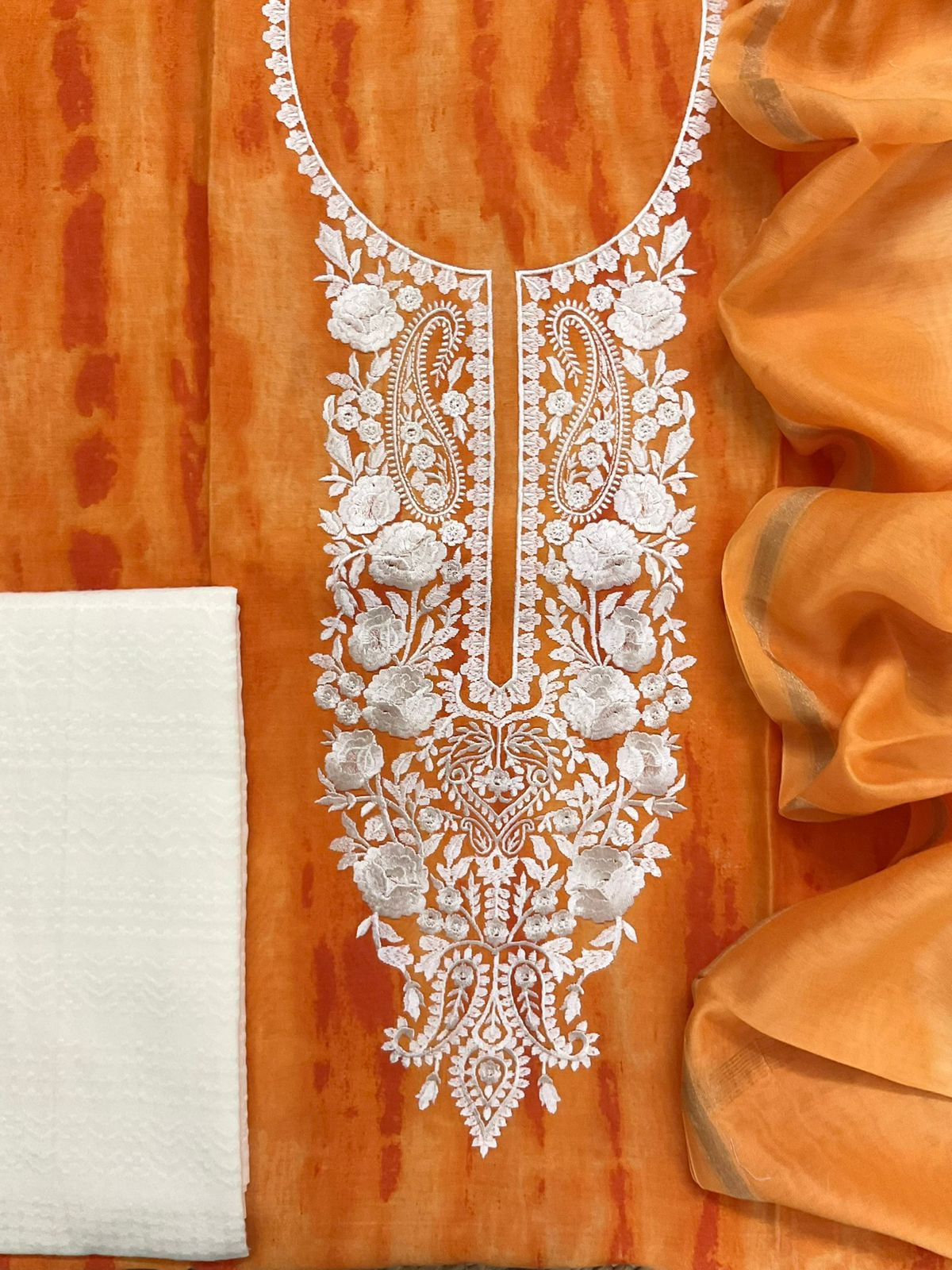 Pure Chanderi Printed Embroidered Suit - Orange