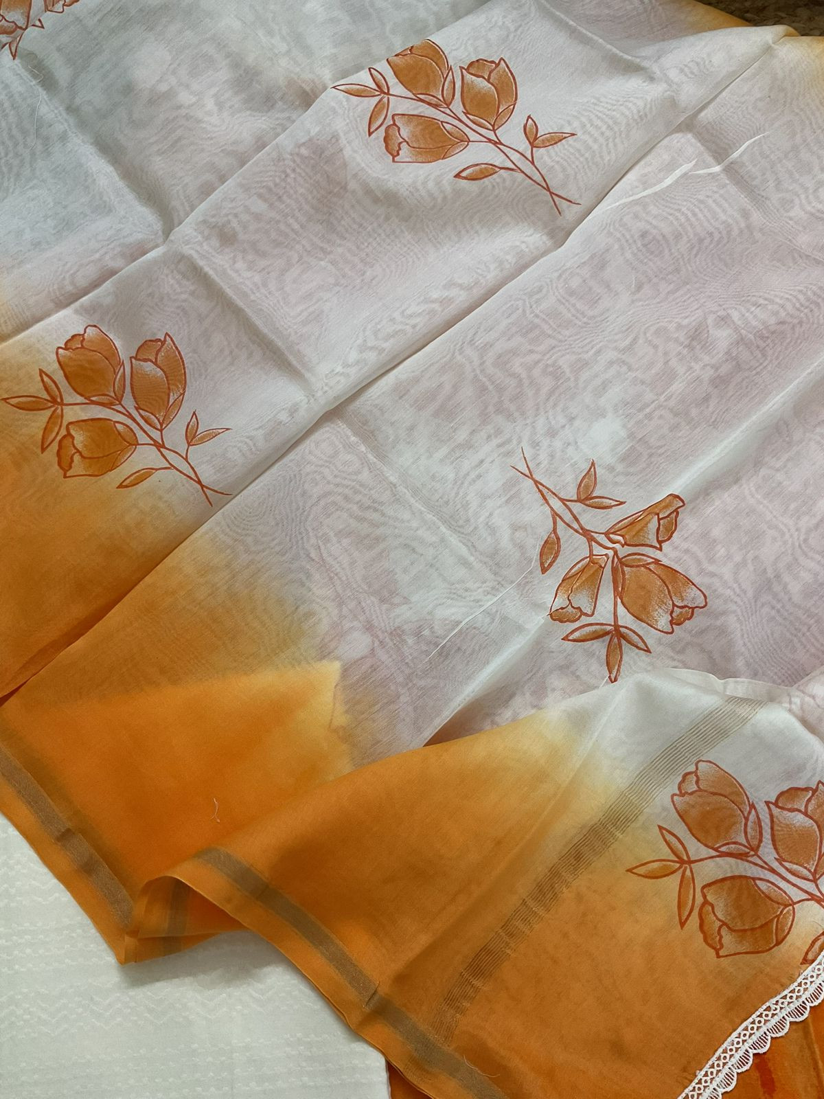 Pure Chanderi Printed Embroidered Suit - Orange