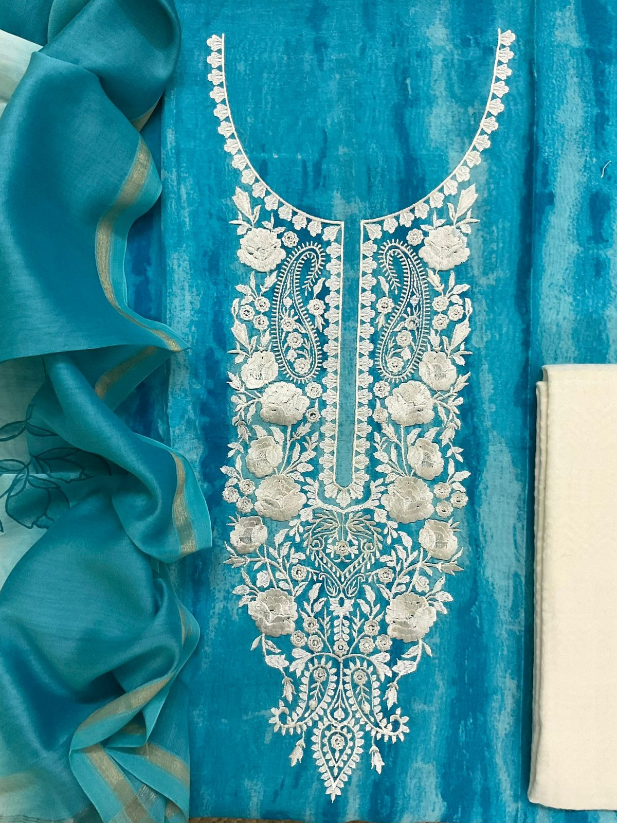 Pure Chanderi Printed Embroidered Suit - Blue