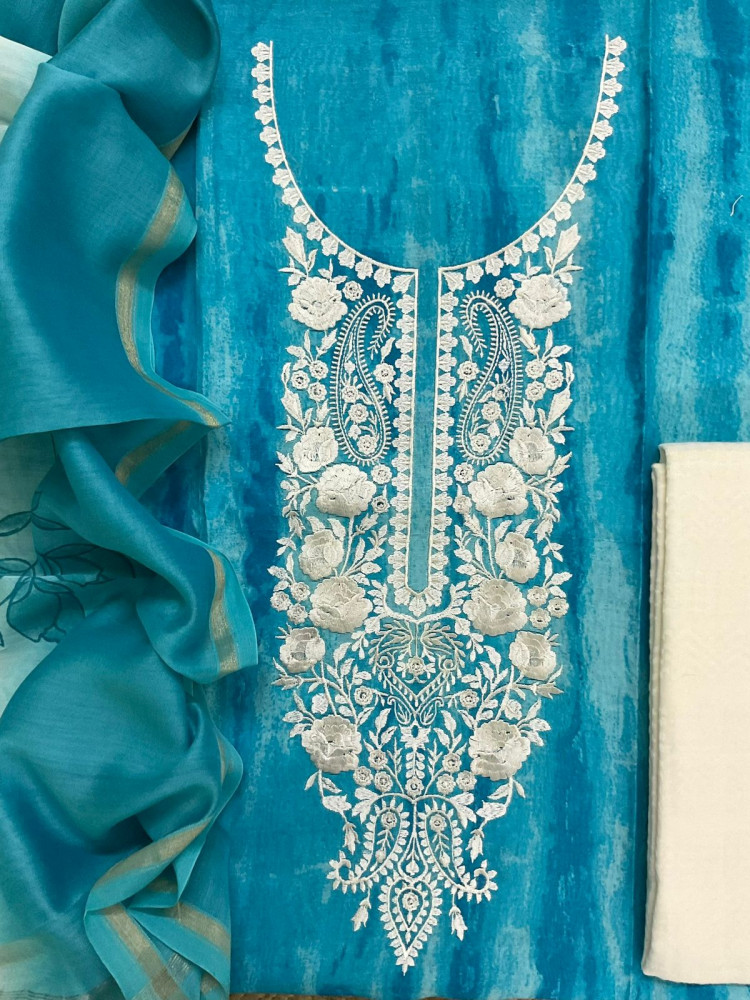 Image of Pure Chanderi Printed Embroidered Suit - Blue
