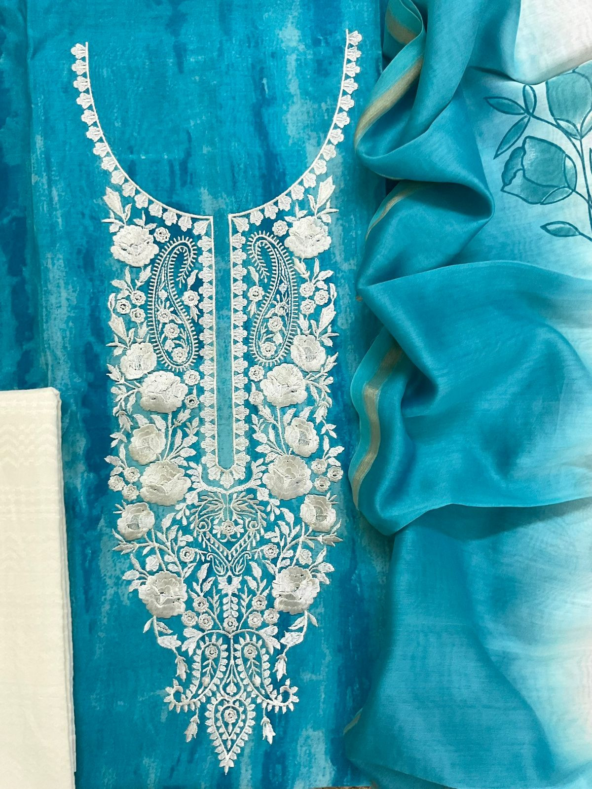 Pure Chanderi Printed Embroidered Suit - Blue