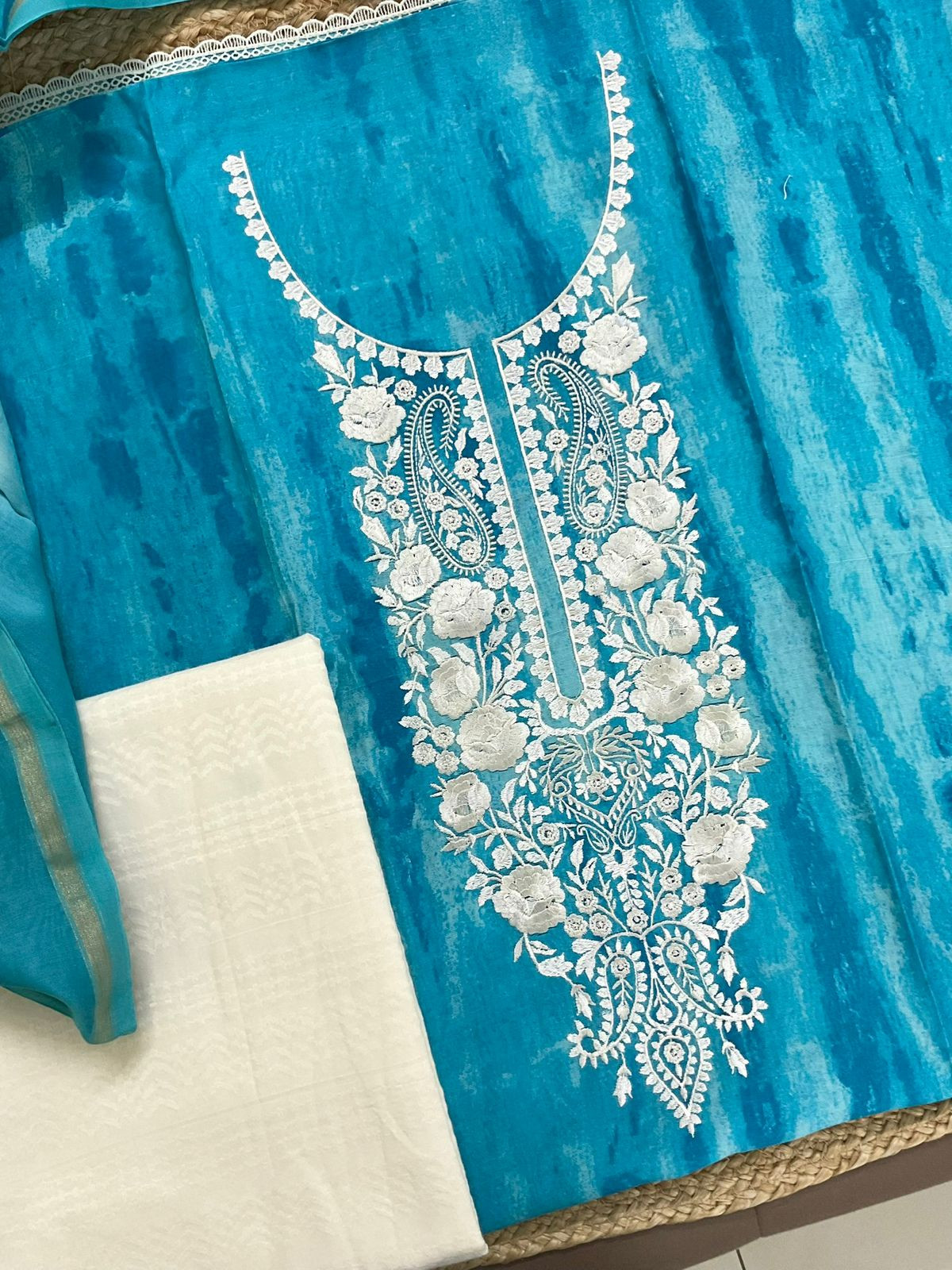 Pure Chanderi Printed Embroidered Suit - Blue