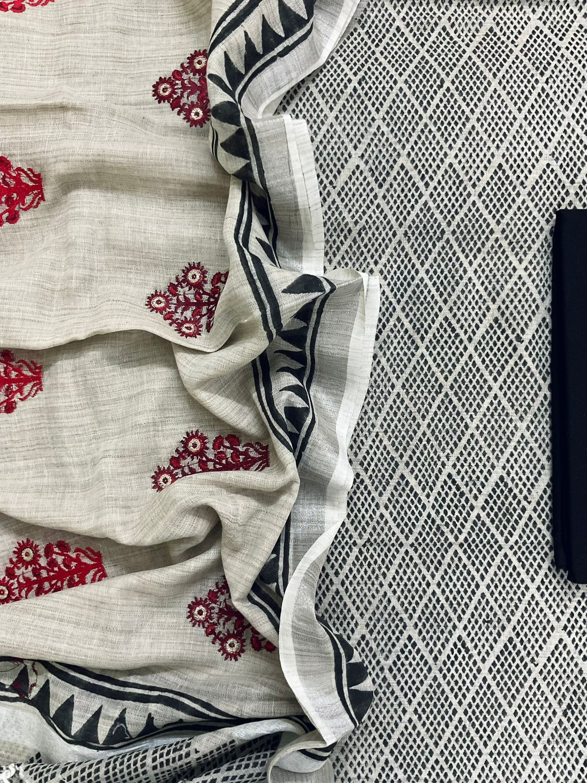 Pure Linen Jute Cotton Printed Embroidered Suit - Greyish Beige