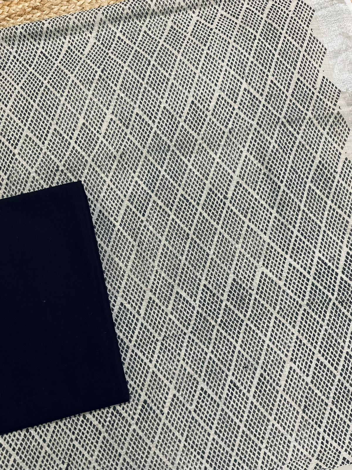 Pure Linen Jute Cotton Printed Embroidered Suit - Greyish Beige