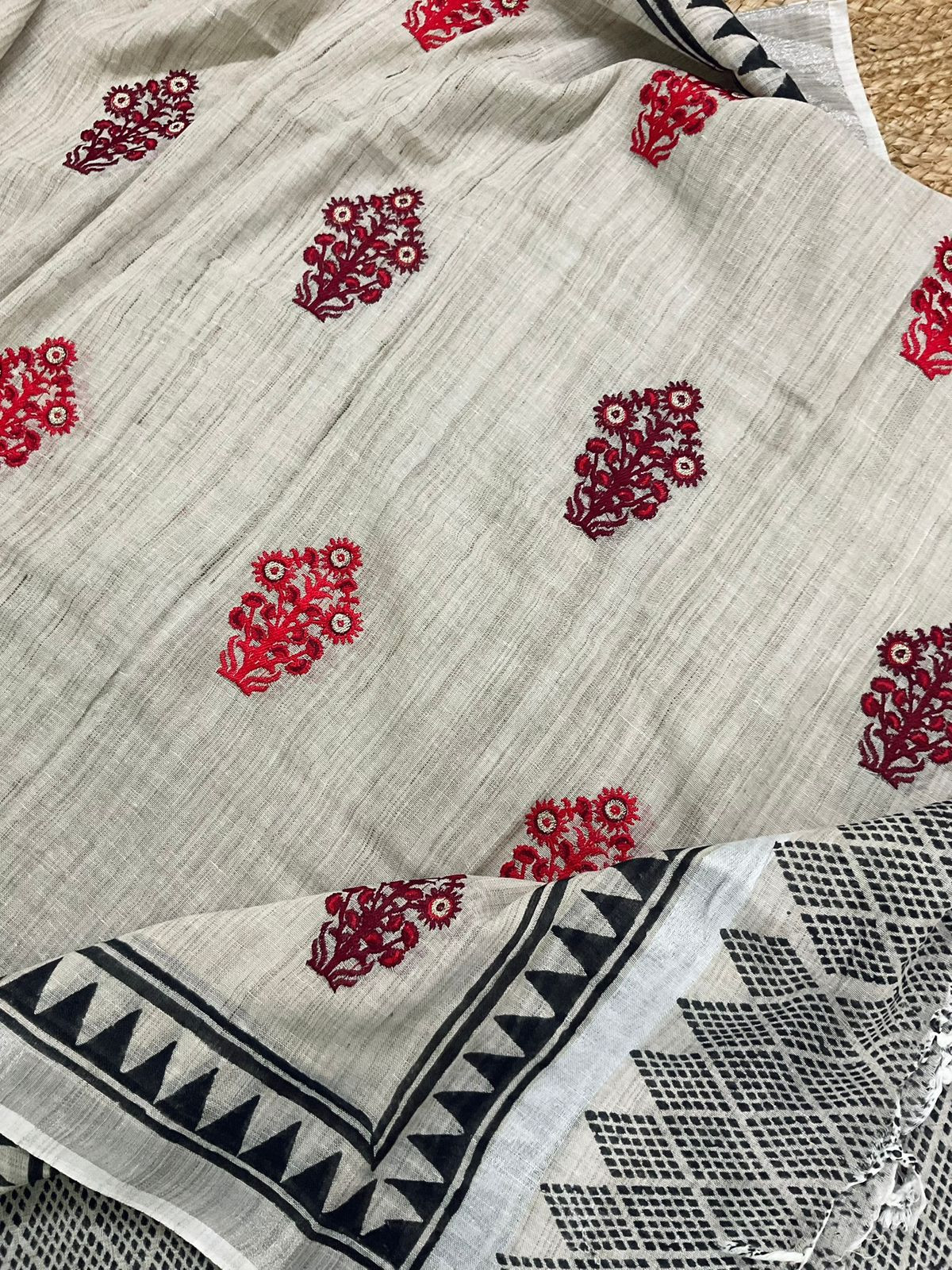 Pure Linen Jute Cotton Printed Embroidered Suit - Greyish Beige