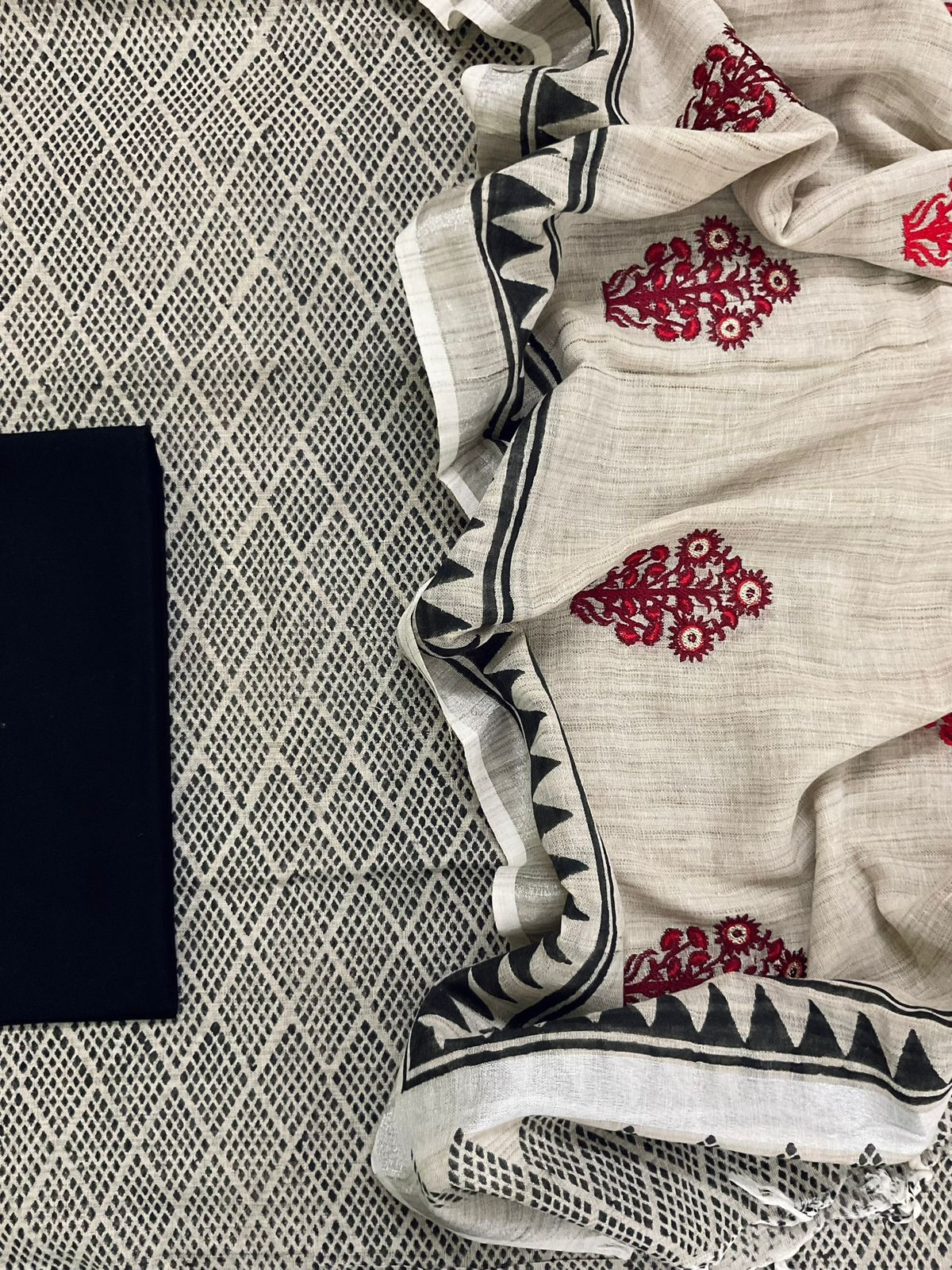 Pure Linen Jute Cotton Printed Embroidered Suit - Greyish Beige