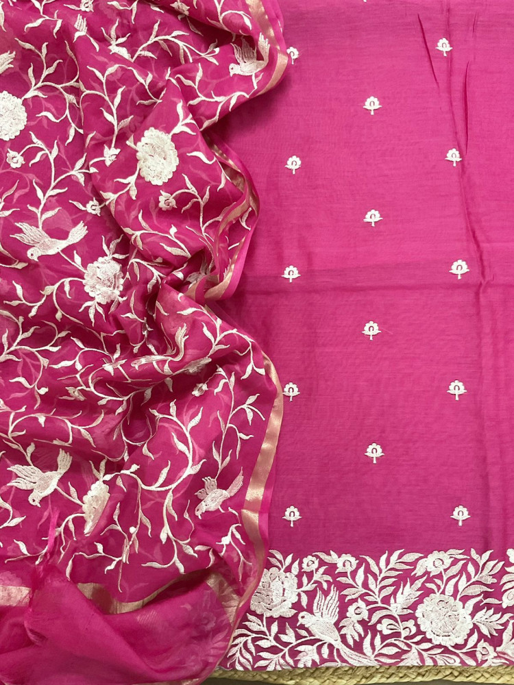 Image of Pure Chanderi Embroidered Suit - Pink