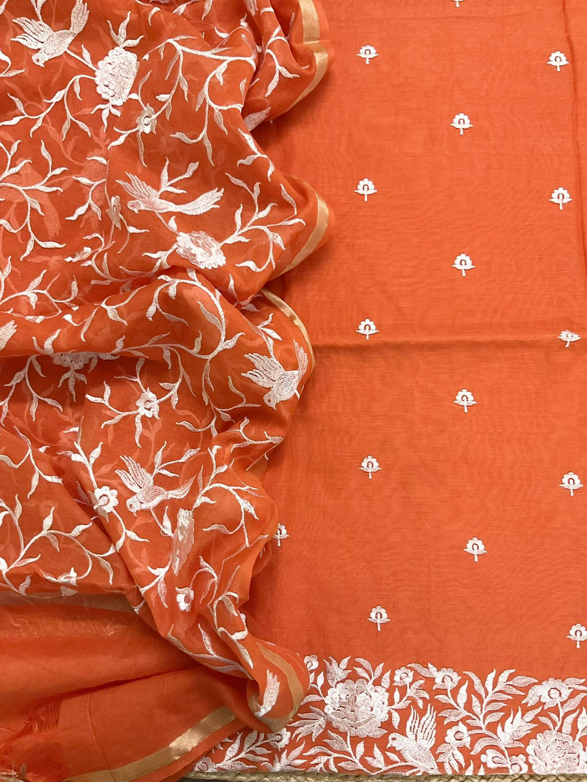 Pure Chanderi Embroidered Suit - Orange