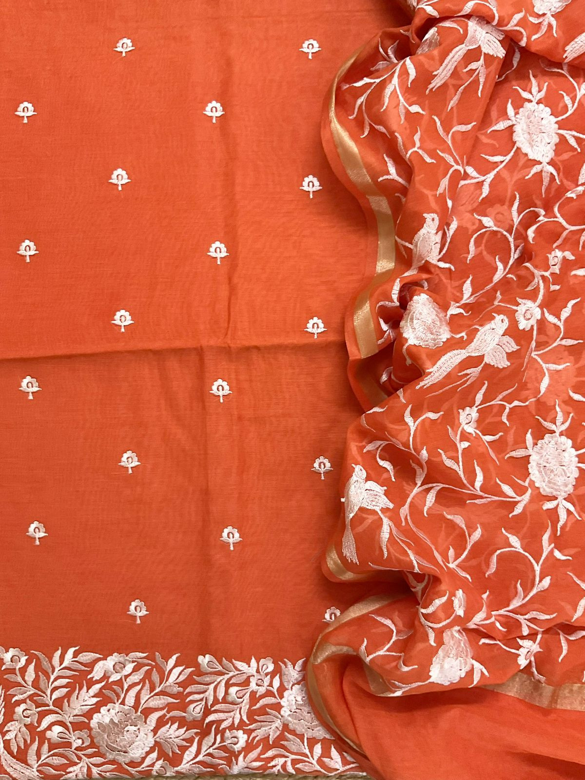 Pure Chanderi Embroidered Suit - Orange