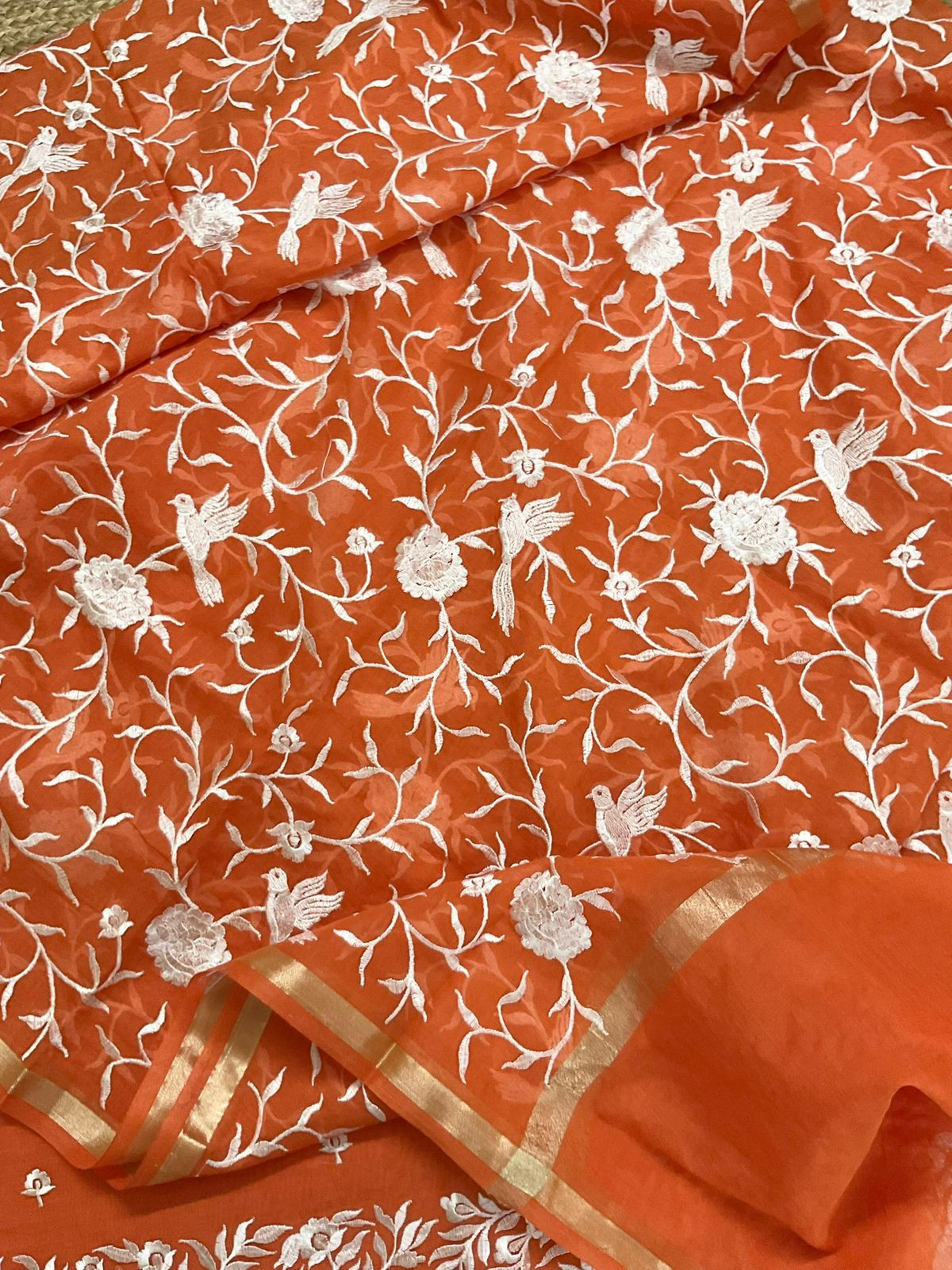 Pure Chanderi Embroidered Suit - Orange
