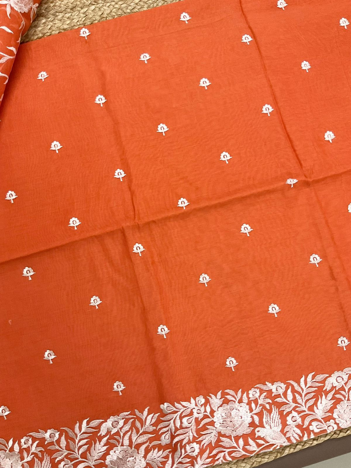 Pure Chanderi Embroidered Suit - Orange
