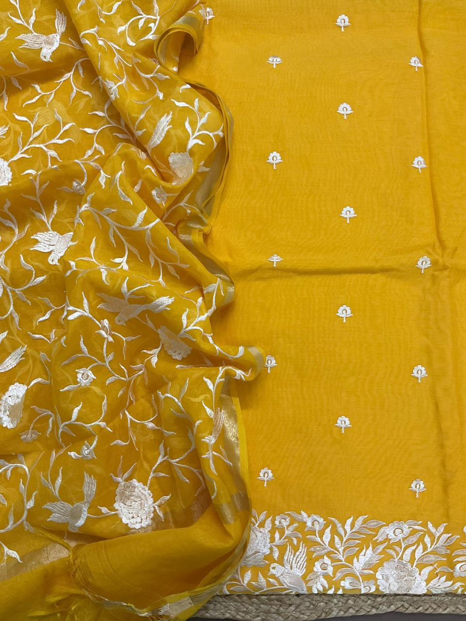 Pure Chanderi Embroidered Suit - Yellow