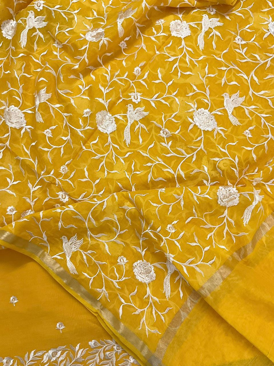 Pure Chanderi Embroidered Suit - Yellow