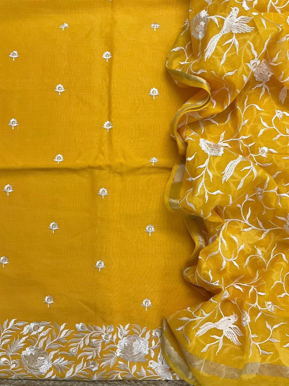 Pure Chanderi Embroidered Suit - Yellow