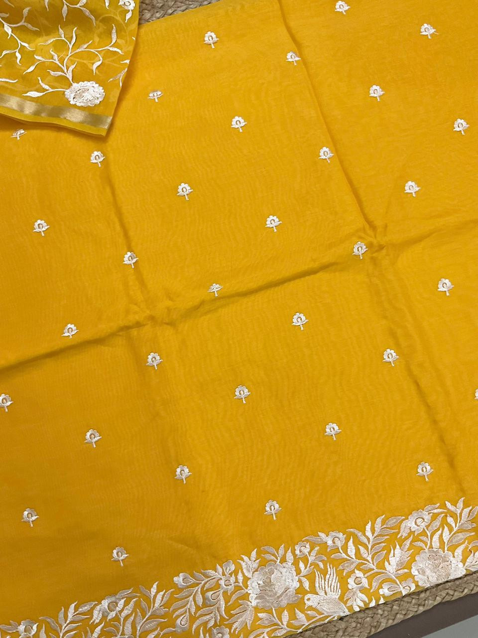 Pure Chanderi Embroidered Suit - Yellow