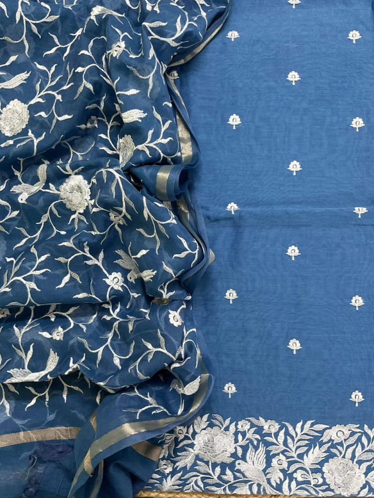Image of Pure Chanderi Embroidered Suit - Blue
