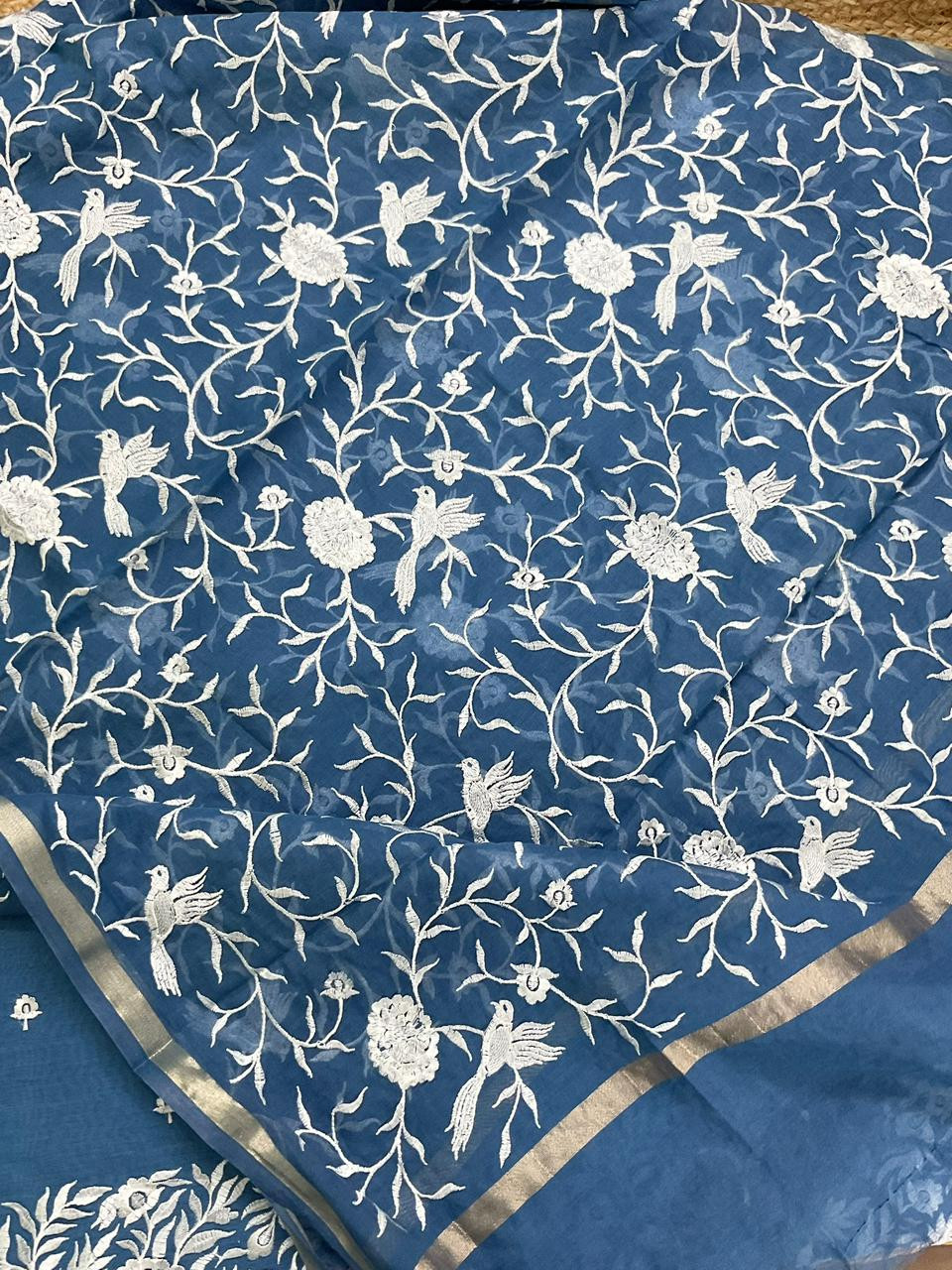 Pure Chanderi Embroidered Suit - Blue