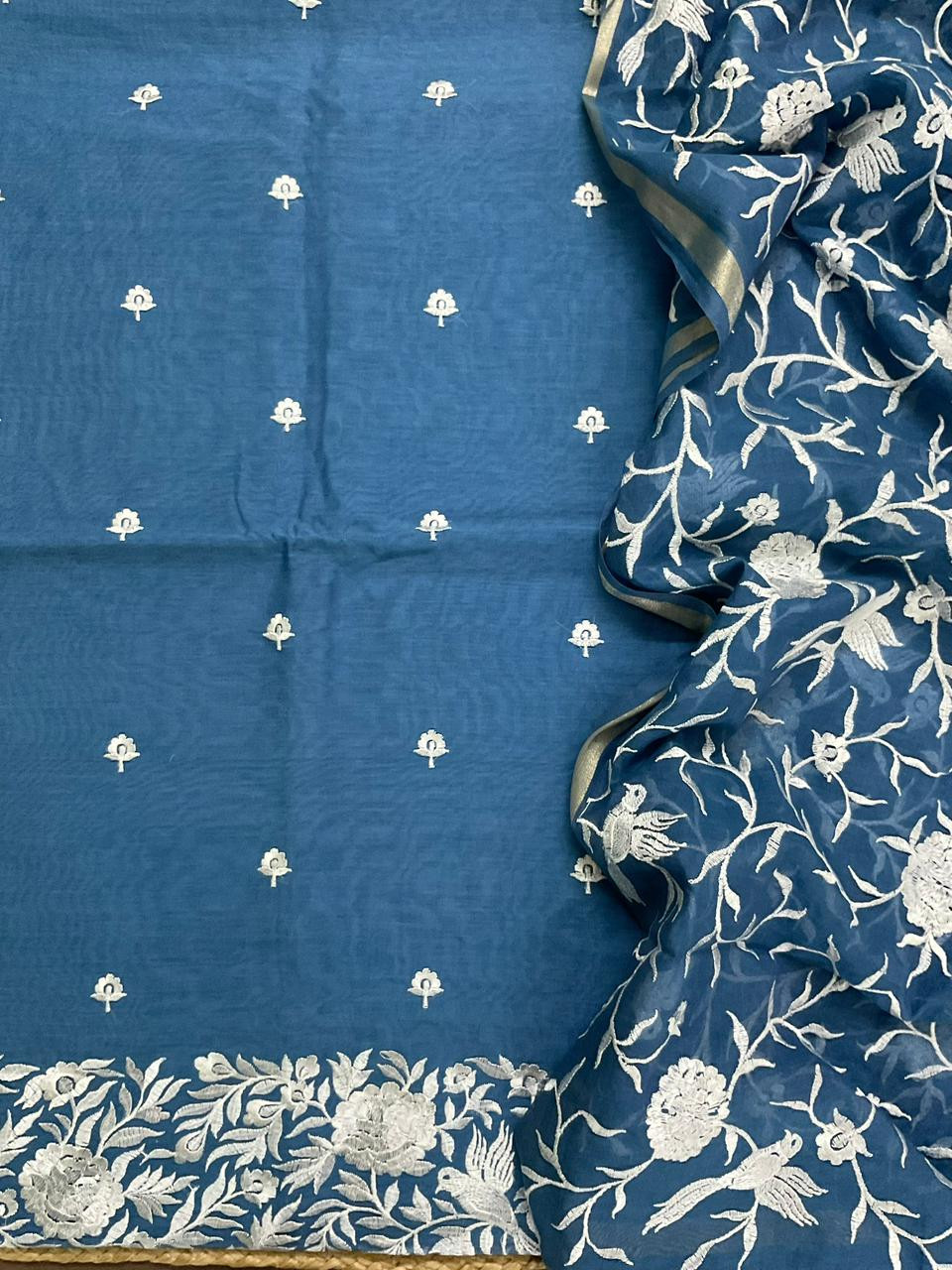 Pure Chanderi Embroidered Suit - Blue