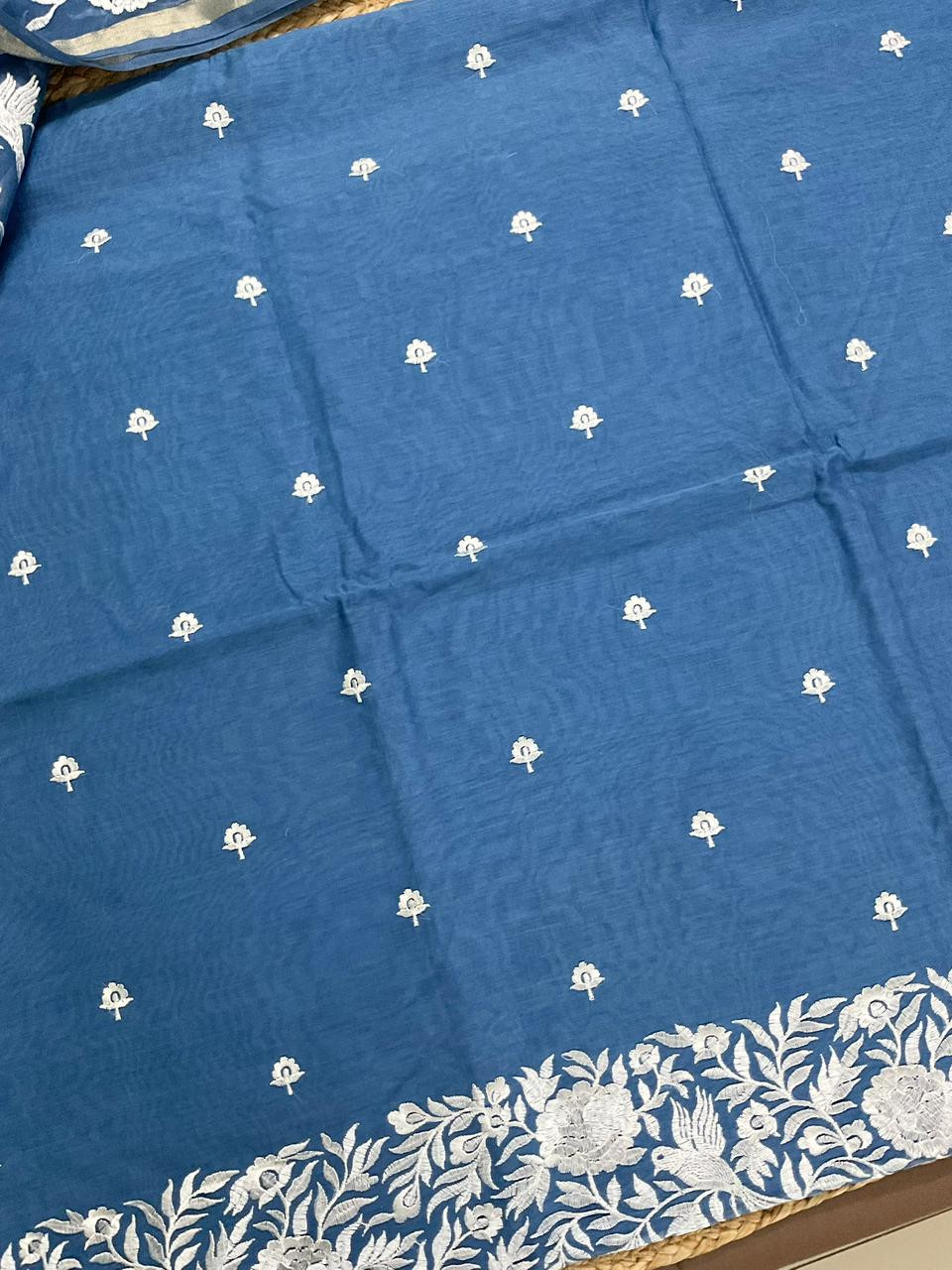 Pure Chanderi Embroidered Suit - Blue