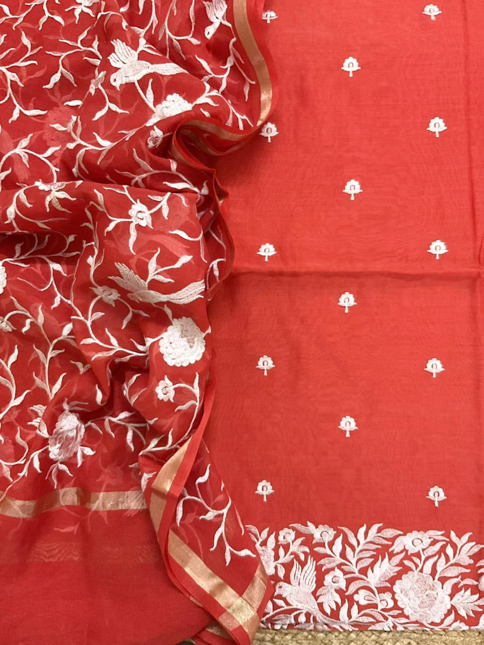 Pure Chanderi Embroidered Suit - Red