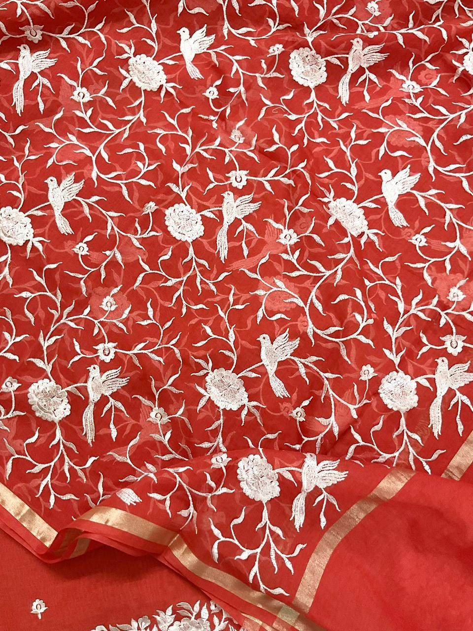 Pure Chanderi Embroidered Suit - Red