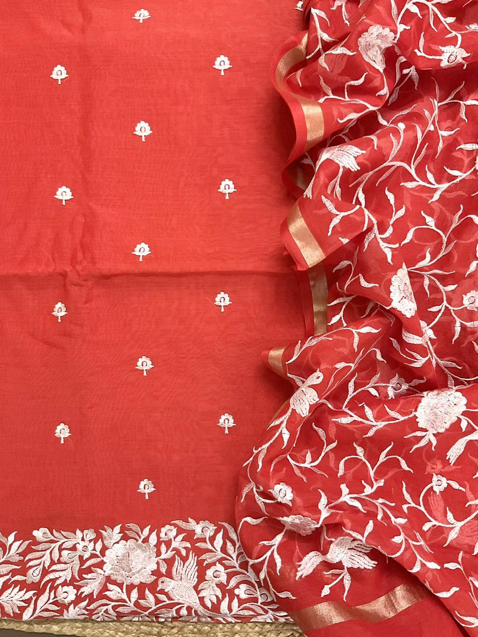 Pure Chanderi Embroidered Suit - Red
