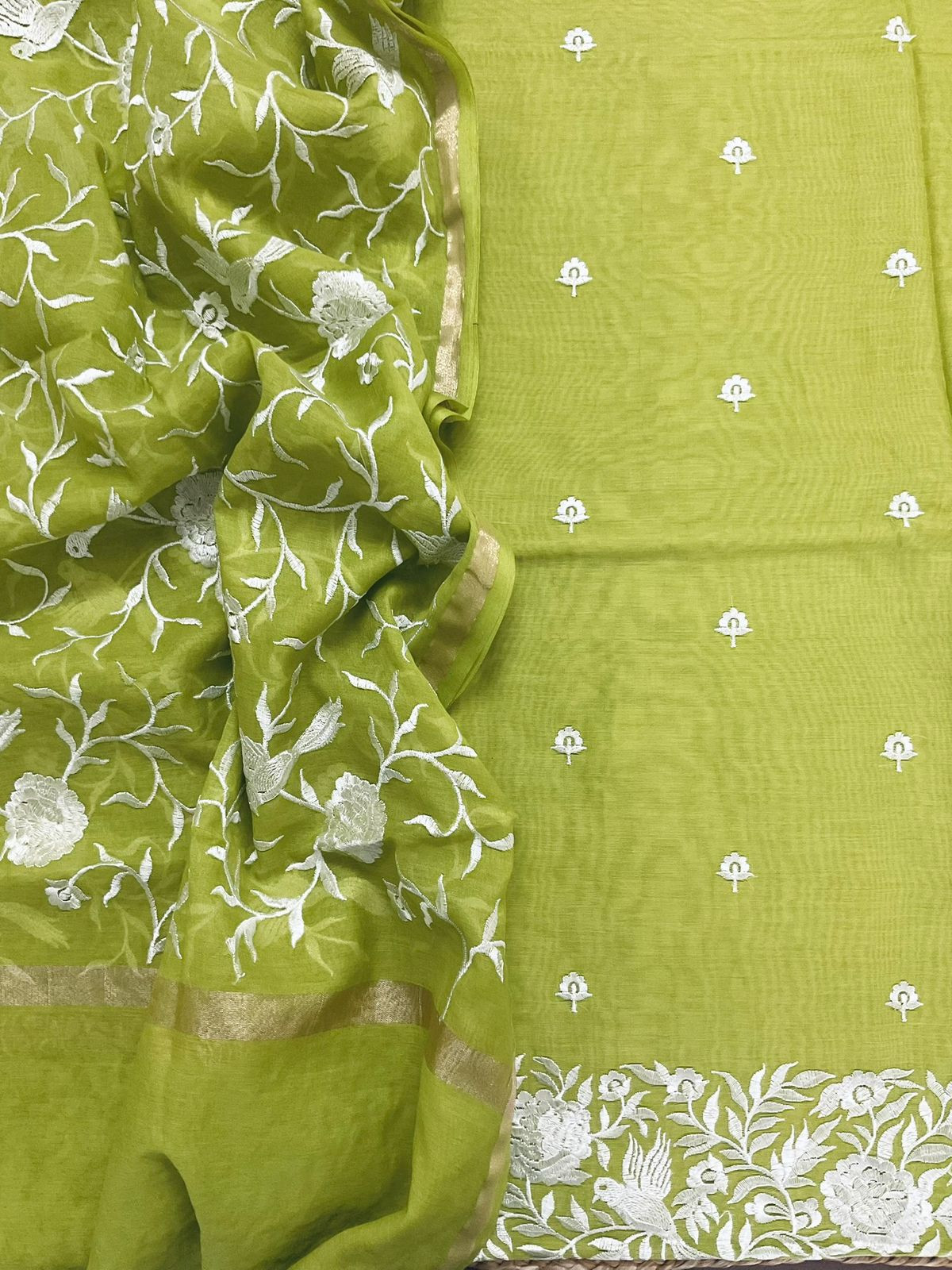 Pure Chanderi Embroidered Suit - Green