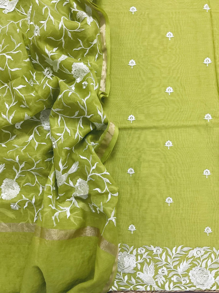 Image of Pure Chanderi Embroidered Suit - Green