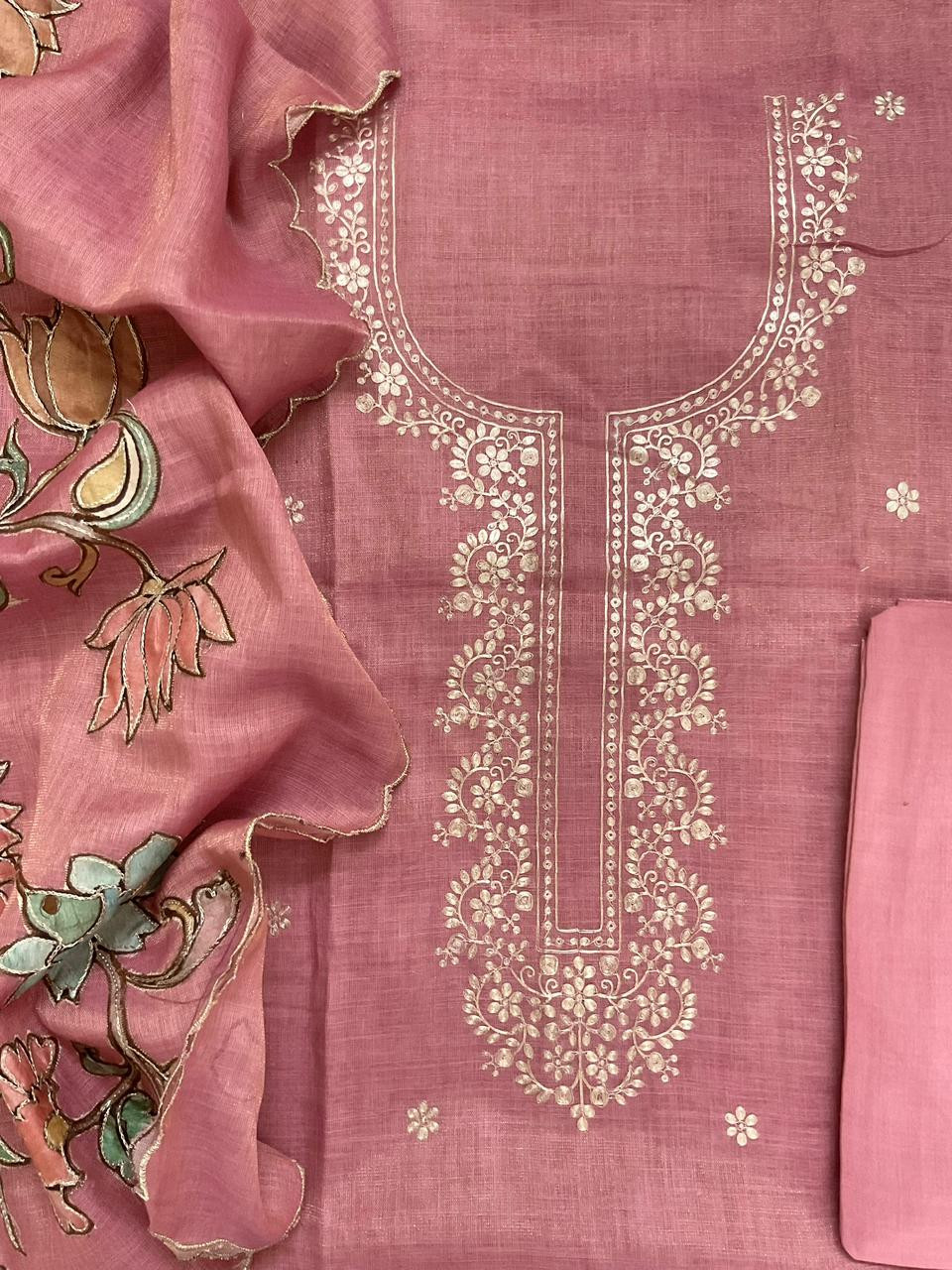 Pure Tissue Slub Cotton Printed Embroidered Suit - Pink