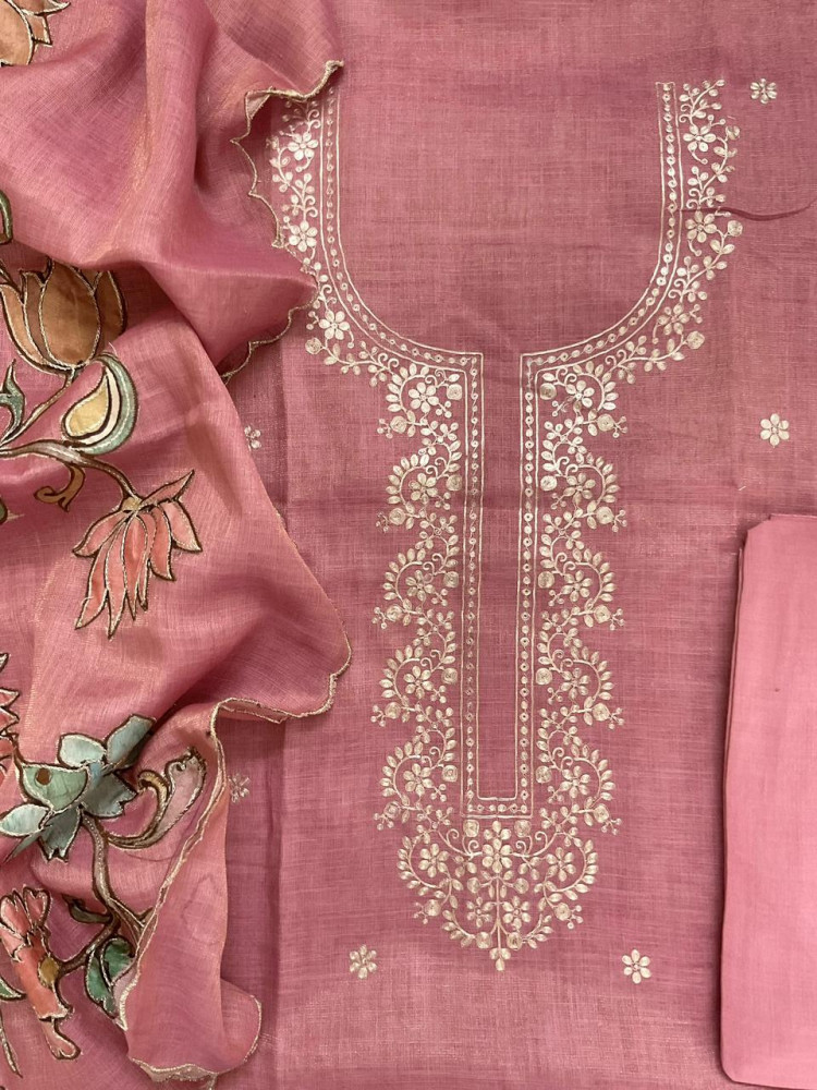 Image of Pure Tissue Slub Cotton Printed Embroidered Suit - Pink