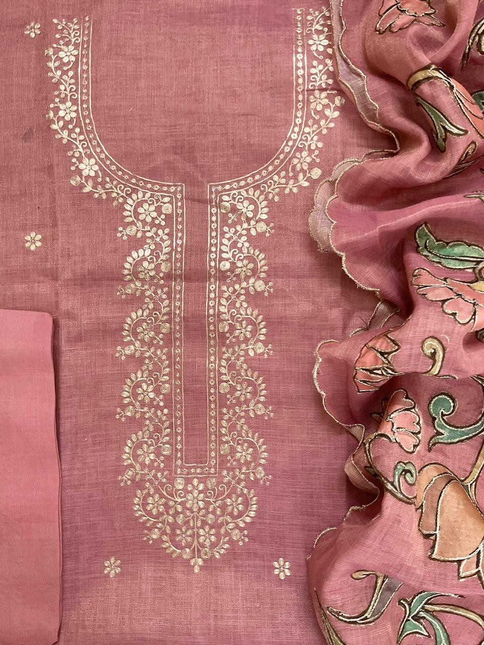 Pure Tissue Slub Cotton Printed Embroidered Suit - Pink