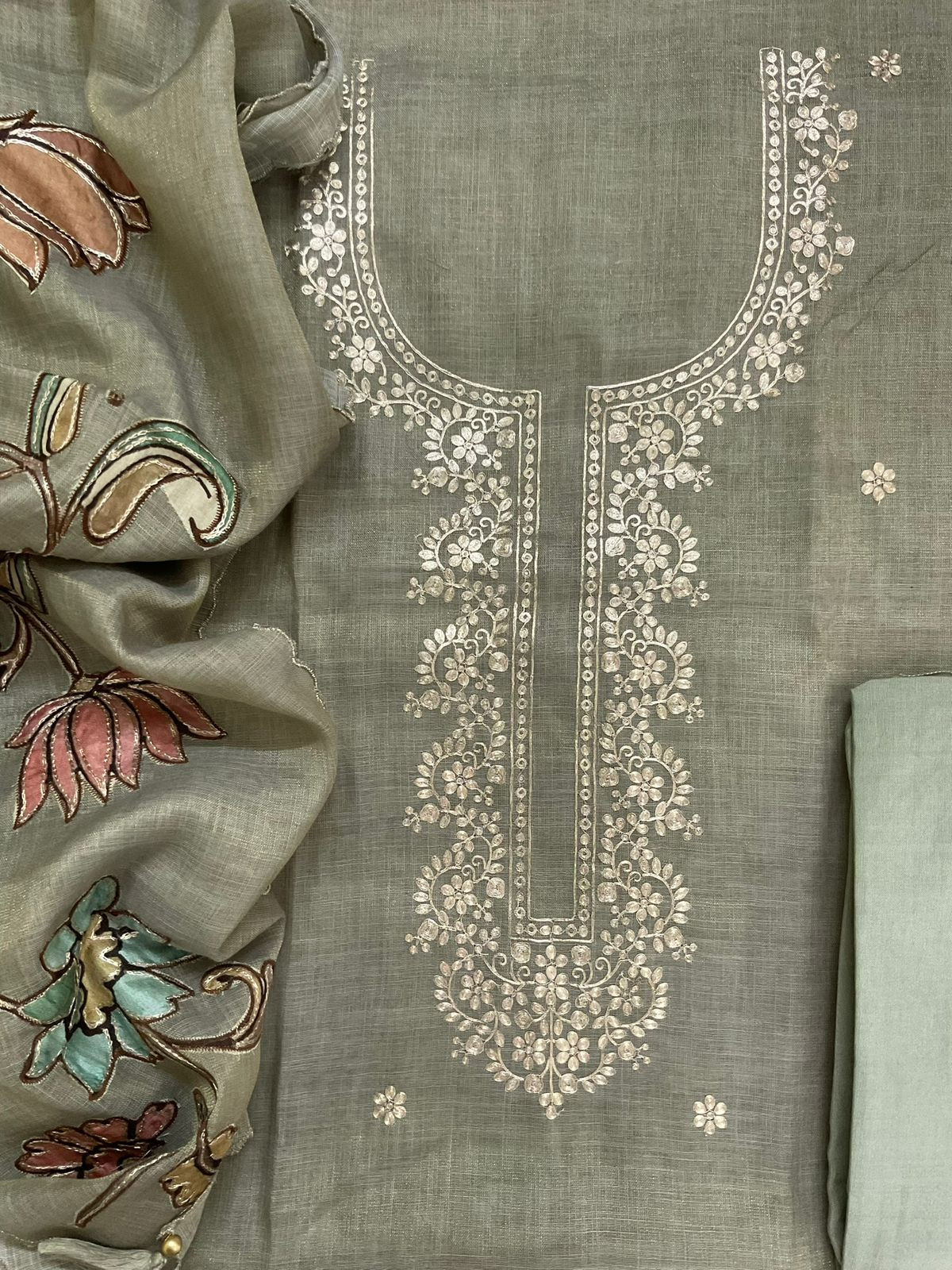 Pure Tissue Slub Cotton Printed Embroidered Suit - Greyish Green
