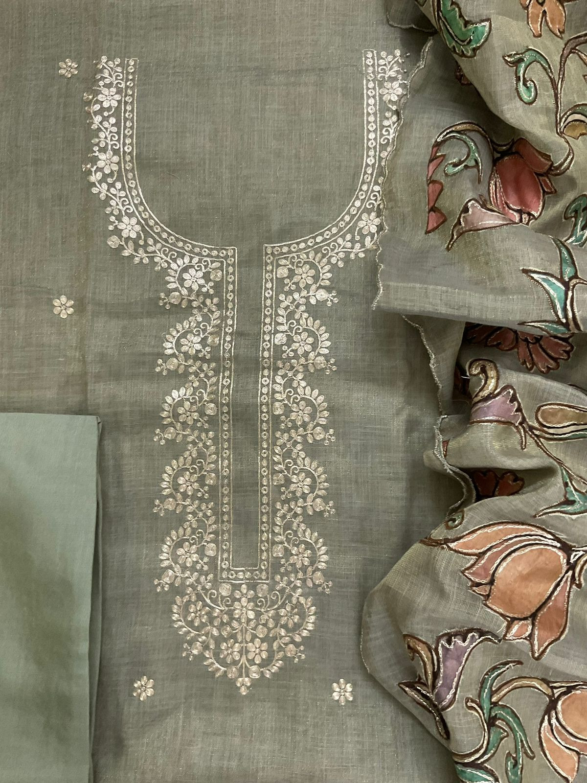 Pure Tissue Slub Cotton Printed Embroidered Suit - Greyish Green