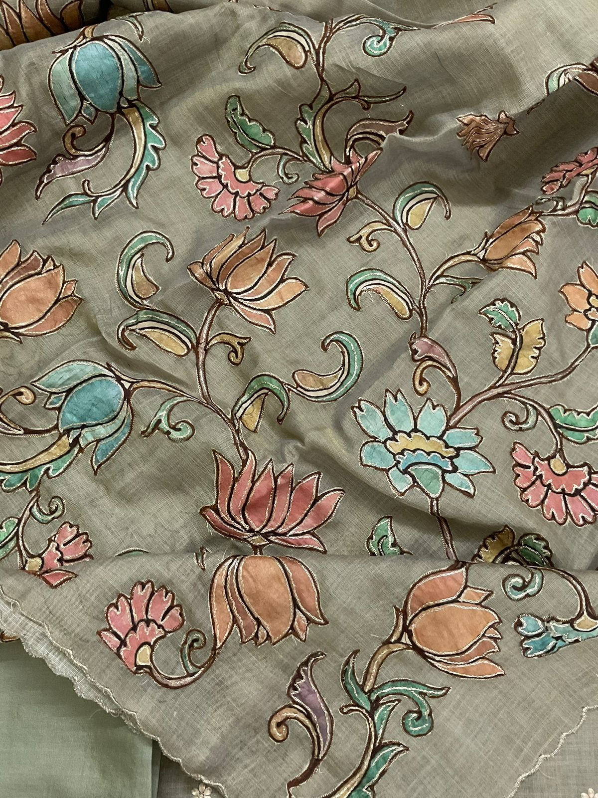 Pure Tissue Slub Cotton Printed Embroidered Suit - Greyish Green
