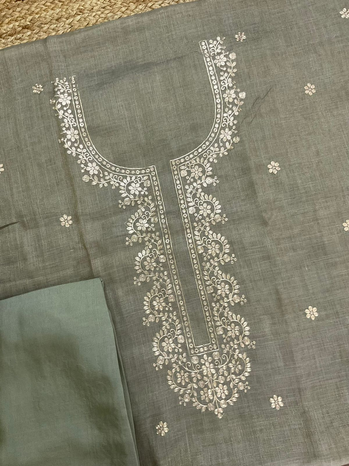 Pure Tissue Slub Cotton Printed Embroidered Suit - Greyish Green
