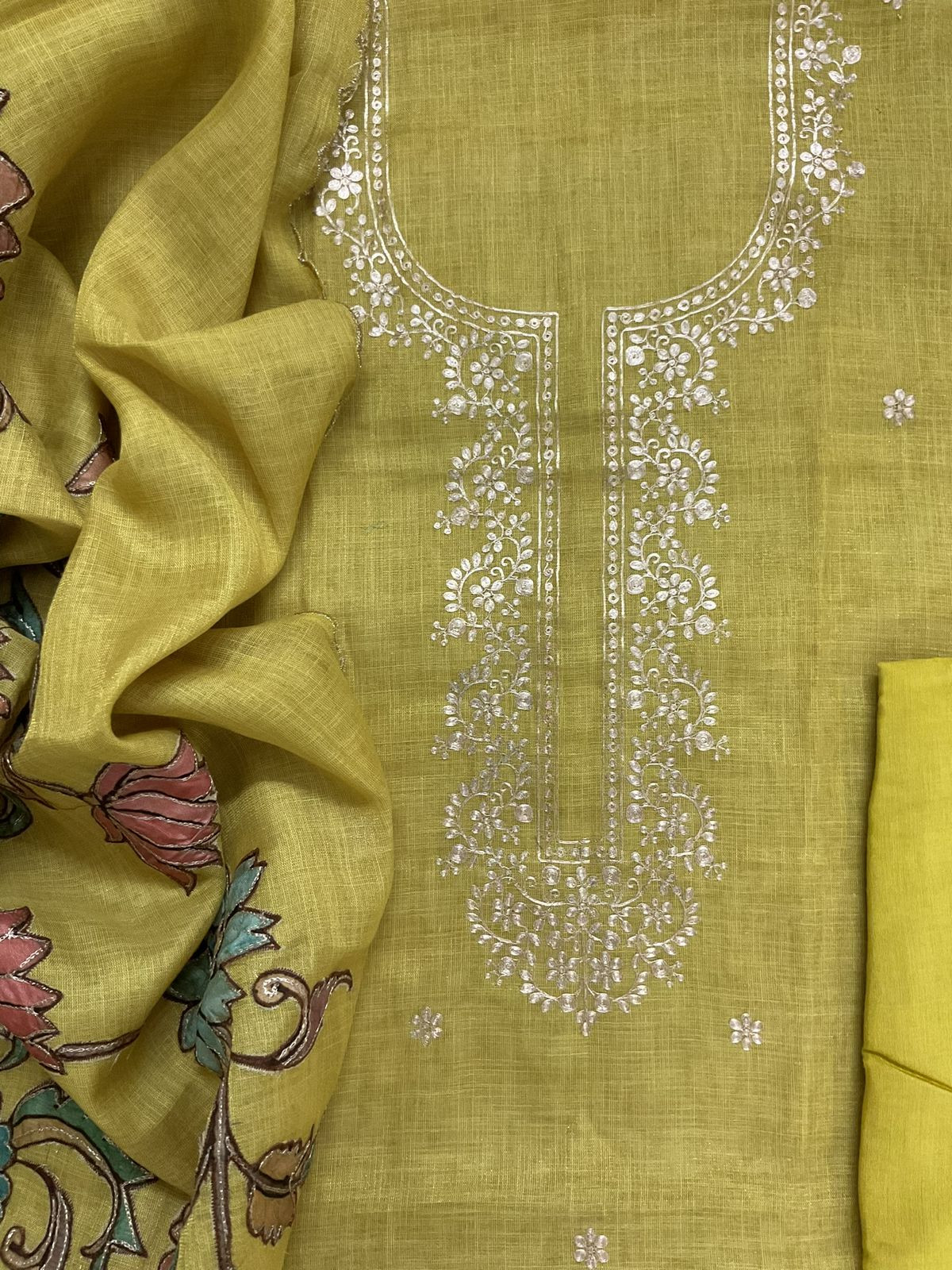 Pure Tissue Slub Cotton Printed Embroidered Suit - Yellow