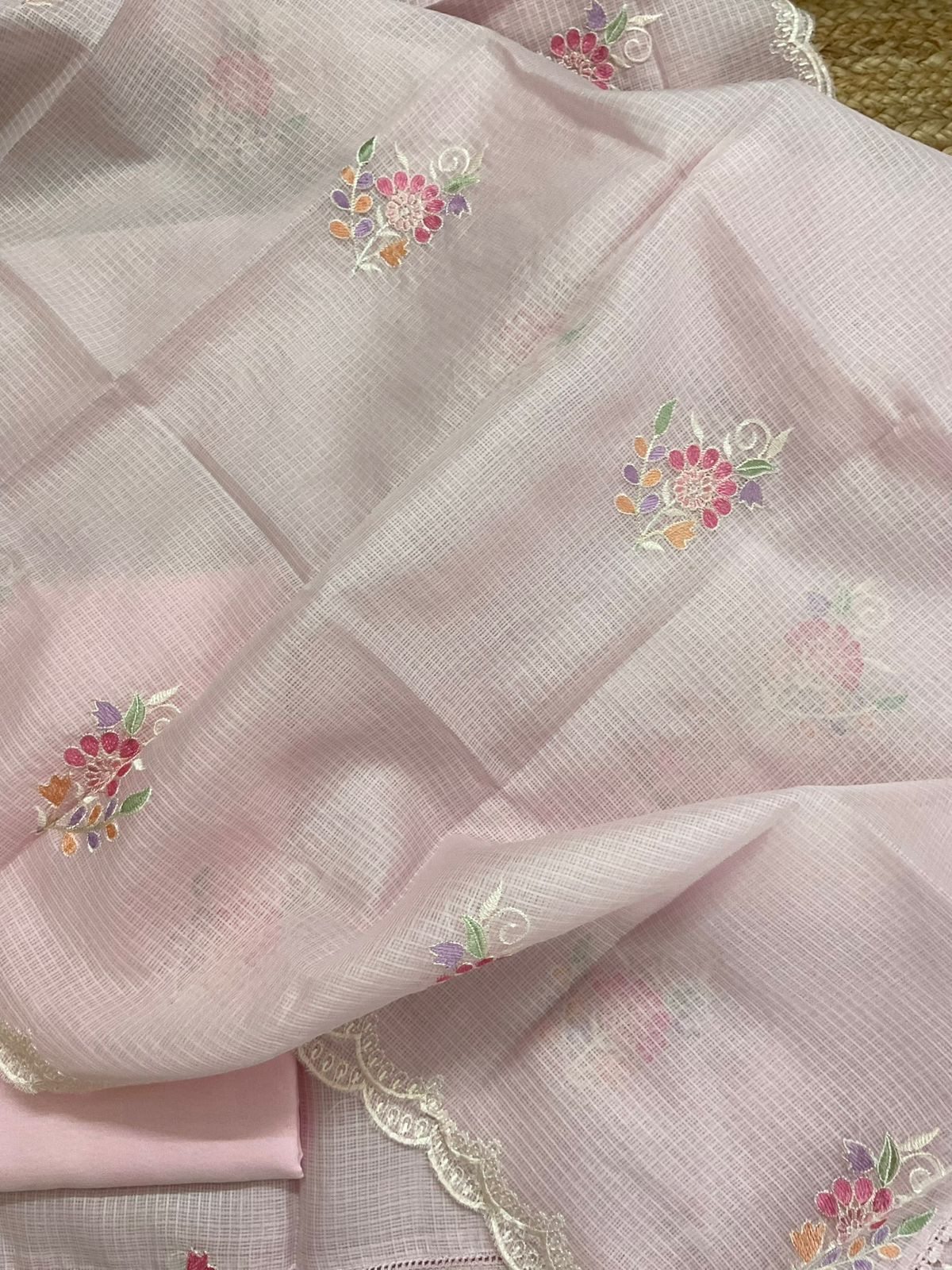 Soft Kota Silk Embroidered Suit - Pink
