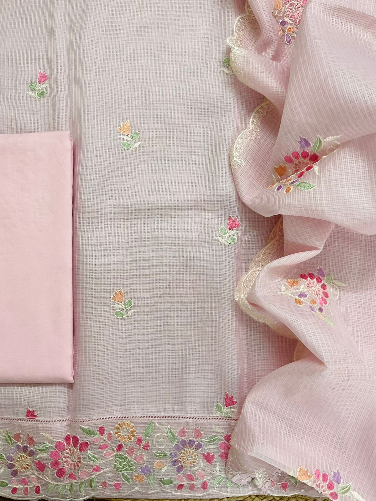 Soft Kota Silk Embroidered Suit - Pink