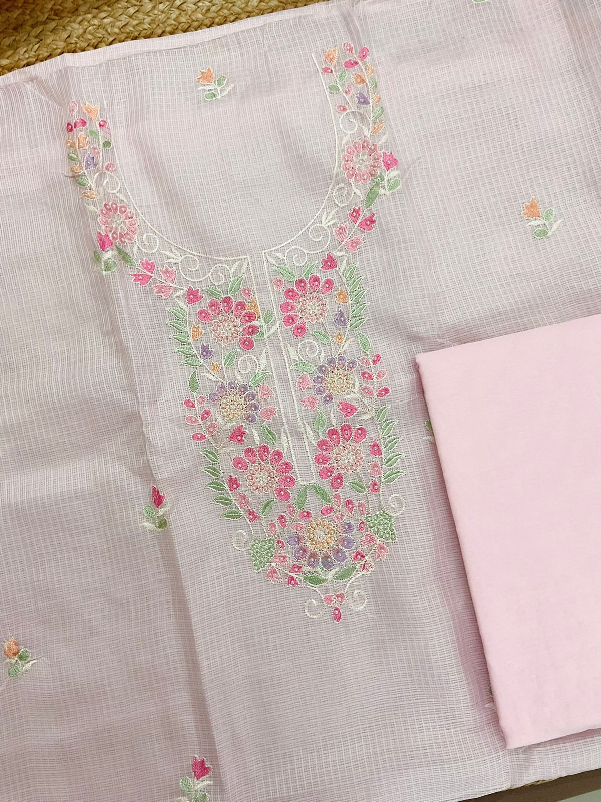 Soft Kota Silk Embroidered Suit - Pink