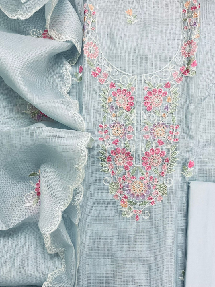 Image of Soft Kota Silk Embroidered Suit - Greyish Blue