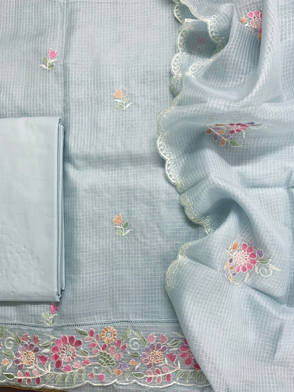 Soft Kota Silk Embroidered Suit - Greyish Blue