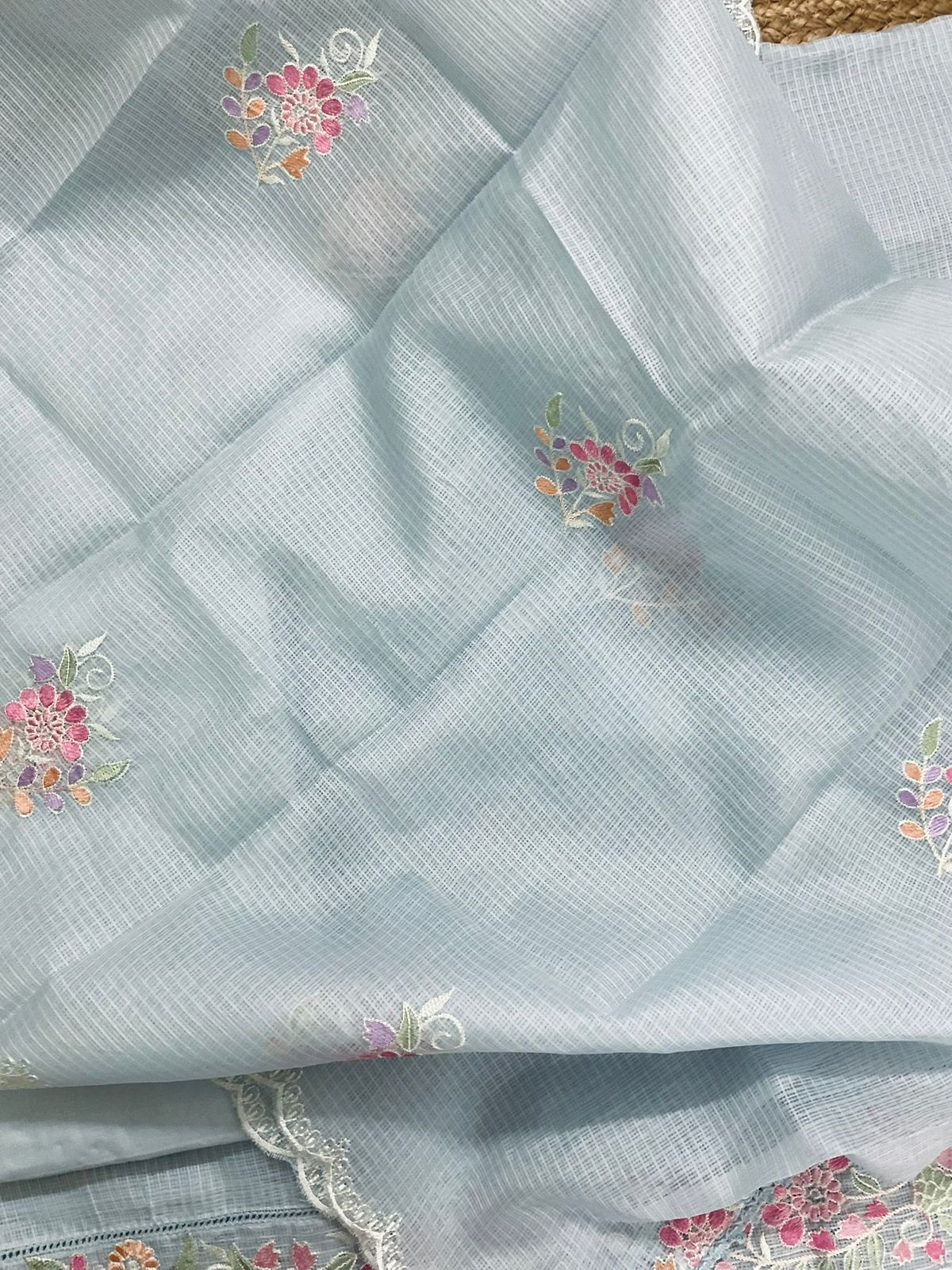 Soft Kota Silk Embroidered Suit - Greyish Blue