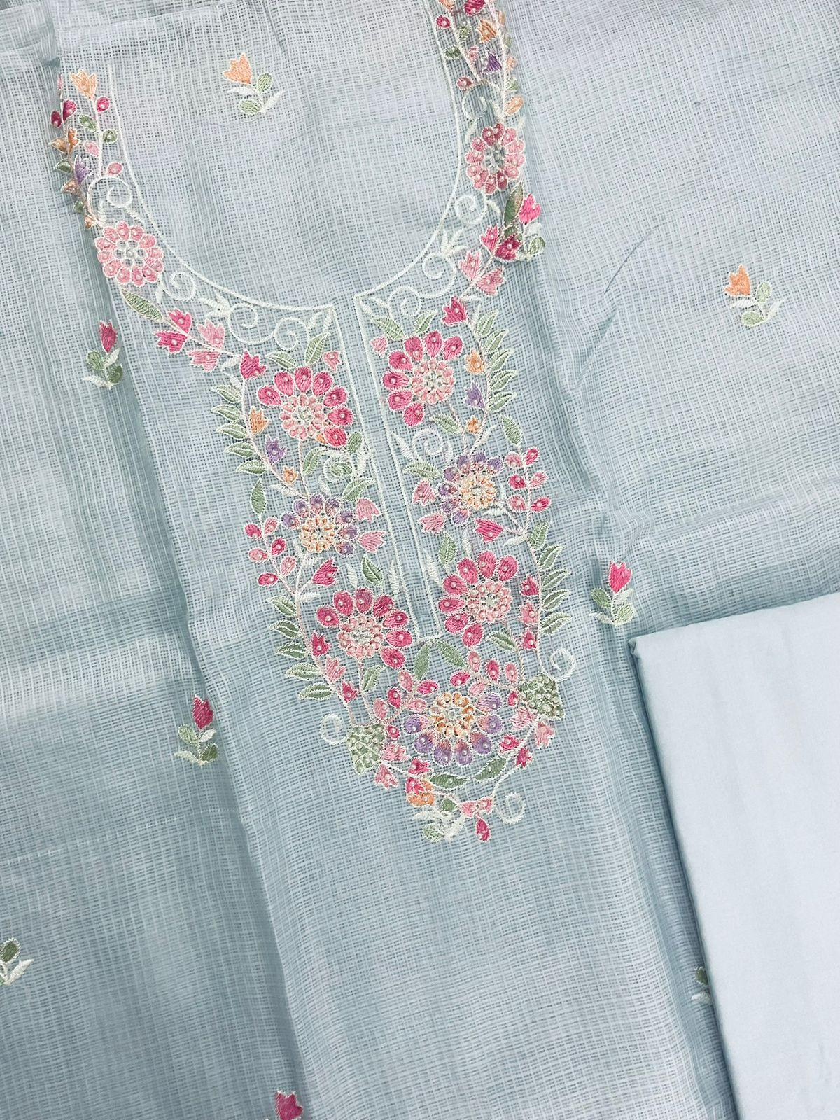 Soft Kota Silk Embroidered Suit - Greyish Blue