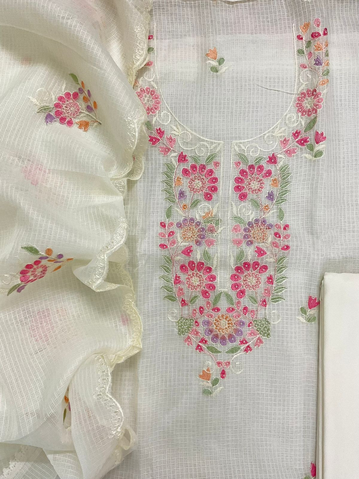 Soft Kota Silk Embroidered Suit - OffWhite