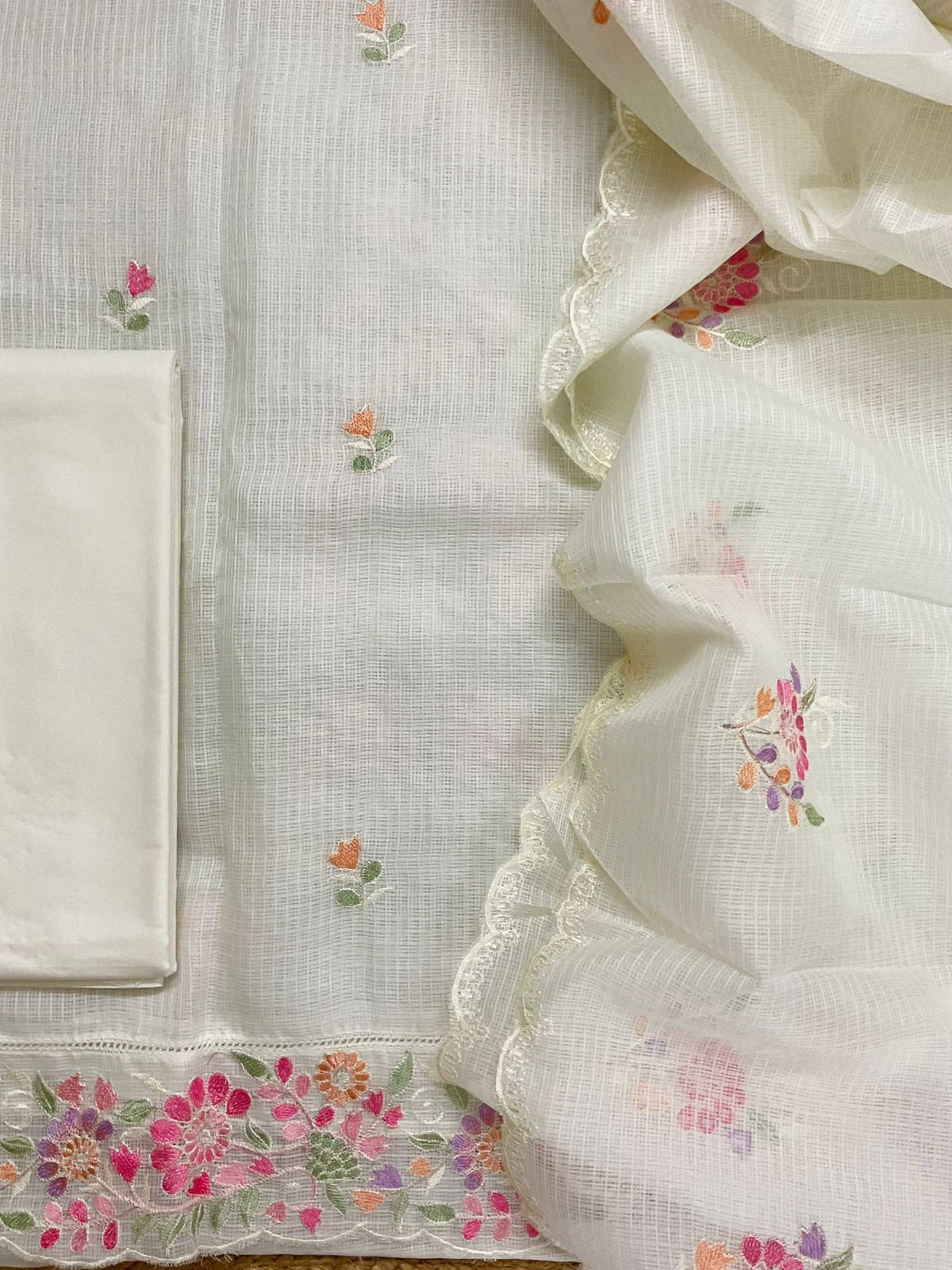 Soft Kota Silk Embroidered Suit - OffWhite