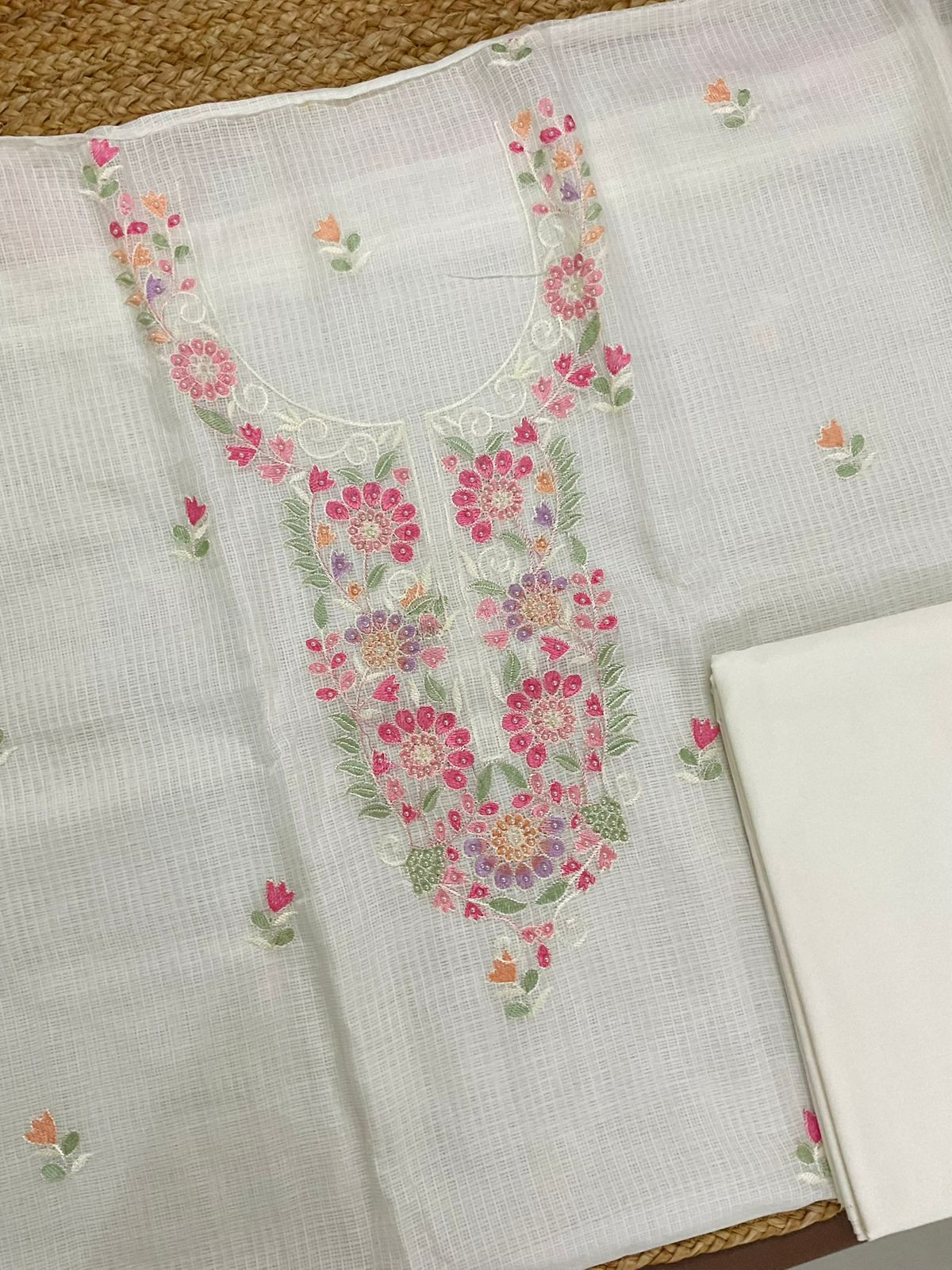 Soft Kota Silk Embroidered Suit - OffWhite