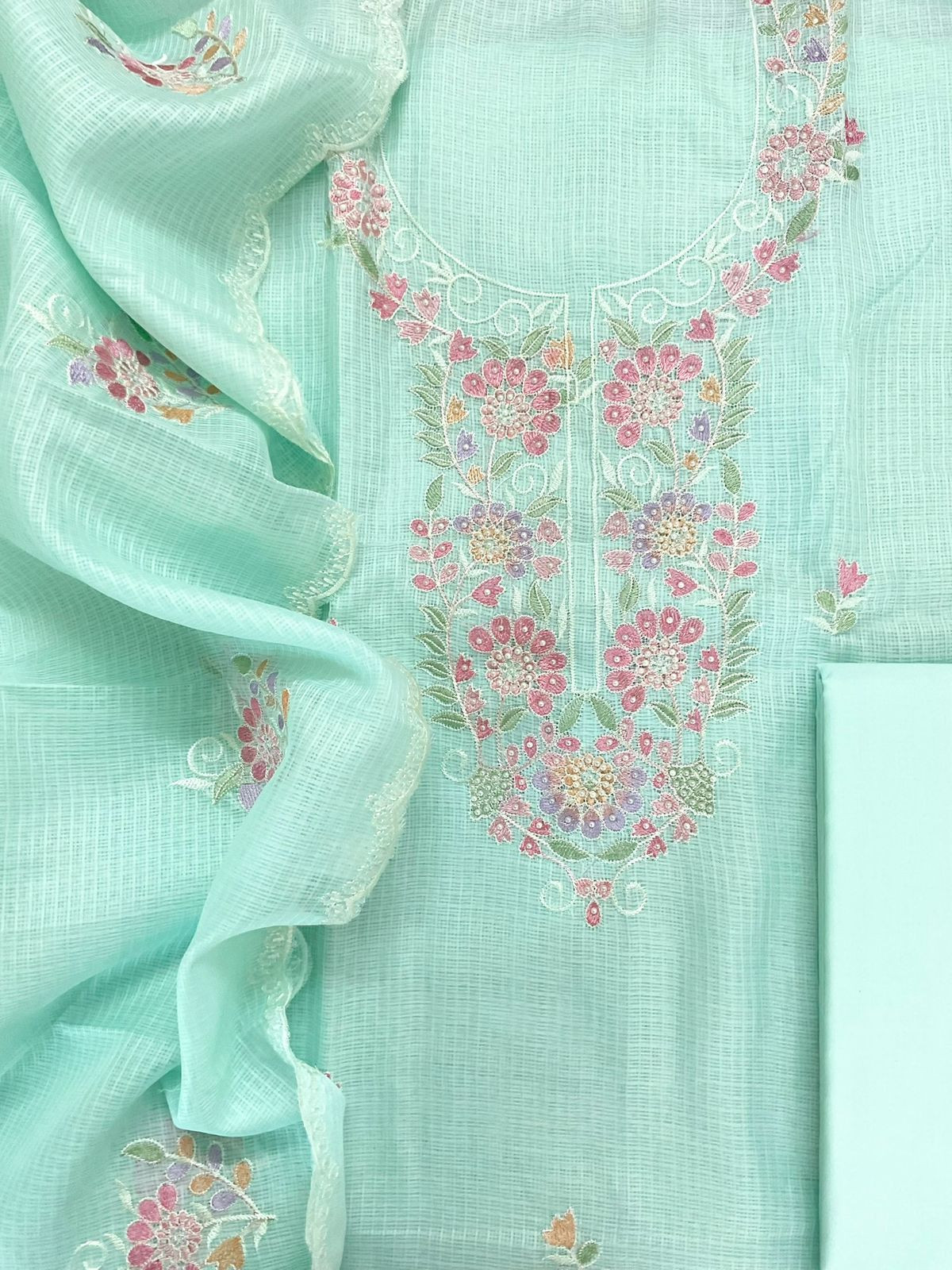 Soft Kota Silk Embroidered Suit - Sea Green